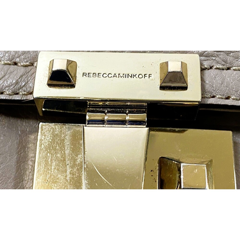 Rebecca Minkoff Paris Saddle Crossbody Bag Taupe Gray Leather Gold Lock